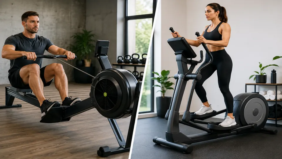 Comparaison entre un rameur et un vélo elliptique dans une salle de sport avec deux sportifs en pleine séance de cardio