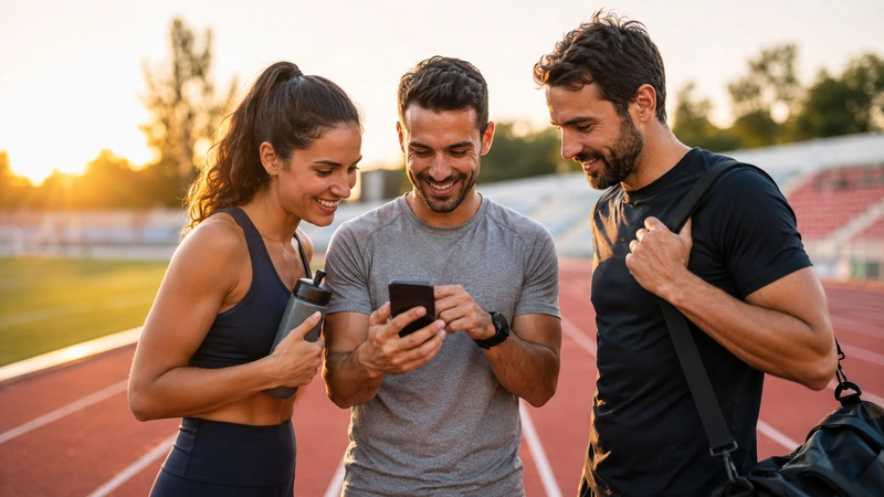 Sportifs consultant leur smartphone sur une piste d’athlétisme pour illustrer les réseaux sociaux sportifs
