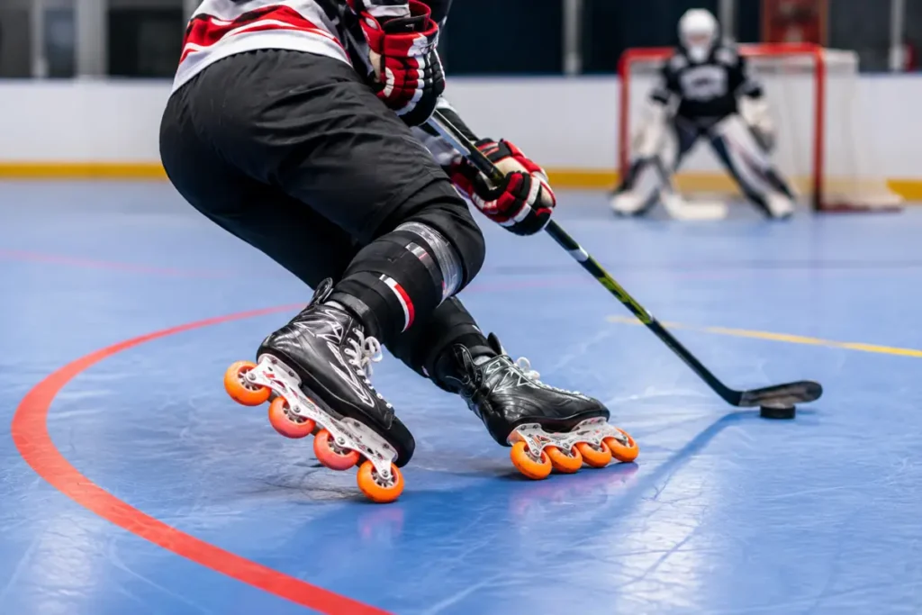 joueur de roller hockey effectuant un virage serré avec des roues orange sur une surface indoor