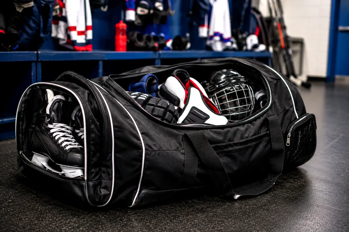 sac de hockey ouvert avec patins casque et protections dans un vestiaire