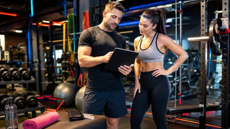 Coach sportif en salle accompagnant une cliente dans une salle de fitness moderne avec accessoires colorés et tablette.
