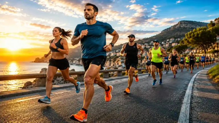 Coureurs participant à un semi-marathon sur une route côtière au coucher du soleil, avec une allure soutenue et un environnement naturel spectaculaire en arrière-plan.