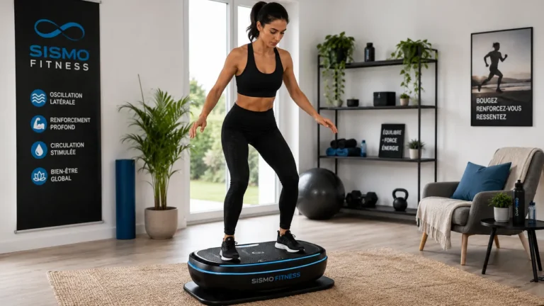 Personne utilisant une plateforme oscillante Sismo Fitness pour un exercice de renforcement musculaire et d'équilibre.