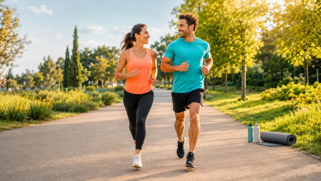 Couple faisant du sport à deux dans un parc lumineux, en tenue de running colorée, pour illustrer une activité sportive en couple.