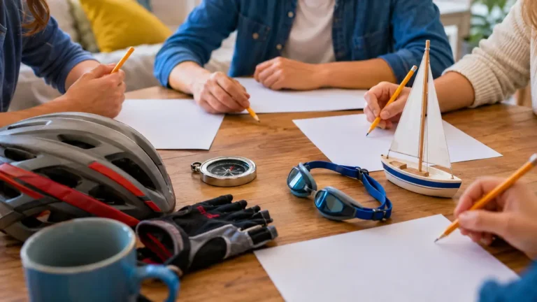 sport en O pour le Petit Bac avec des feuilles de jeu et des objets sportifs sur une table
