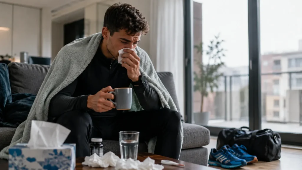 Sportif malade assis sur un canapé avec couverture, mouchoirs et chaussures de running, illustrant le repos avant la reprise du sport.