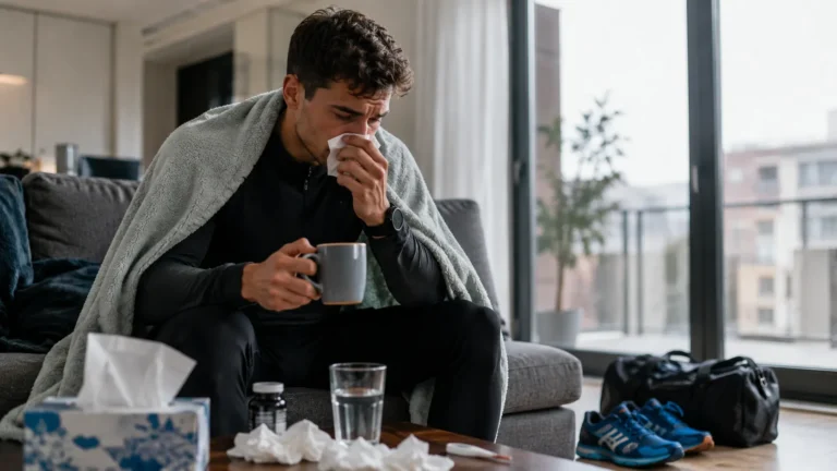 Sportif malade assis sur un canapé avec couverture, mouchoirs et chaussures de running, illustrant le repos avant la reprise du sport.