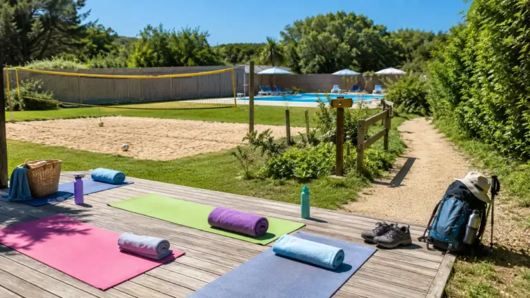 Espace sportif naturiste en pleine nature avec tapis de yoga, serviettes, chaussures de randonnée et accessoires de sport dans un cadre encadré et non explicite.