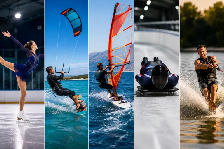 Sport de glisse en action avec patinage, surf et snowboard dans une scène dynamique aux couleurs vives représentant différentes disciplines de glisse