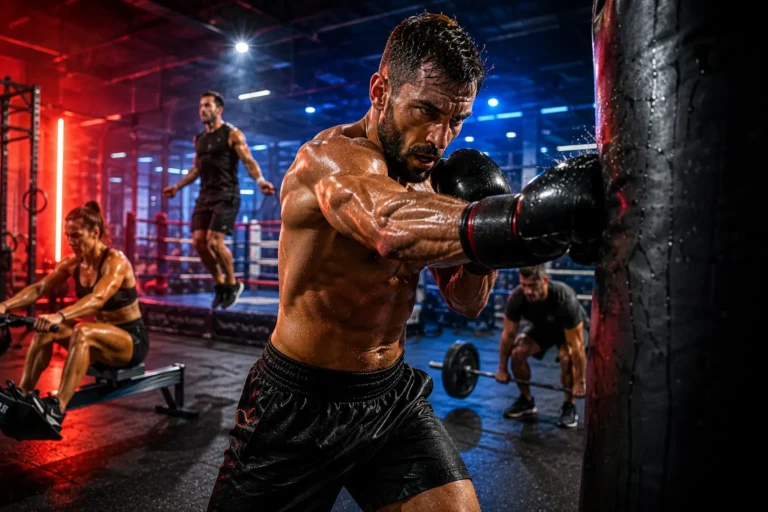 Boxeur s'entraînant intensément sur un sac de frappe dans une salle de sport moderne avec éclairage dynamique illustrant les exigences physiques des sports de combat.