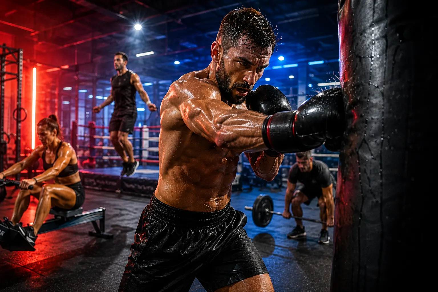 Boxeur s'entraînant intensément sur un sac de frappe dans une salle de sport moderne avec éclairage dynamique illustrant les exigences physiques des sports de combat.