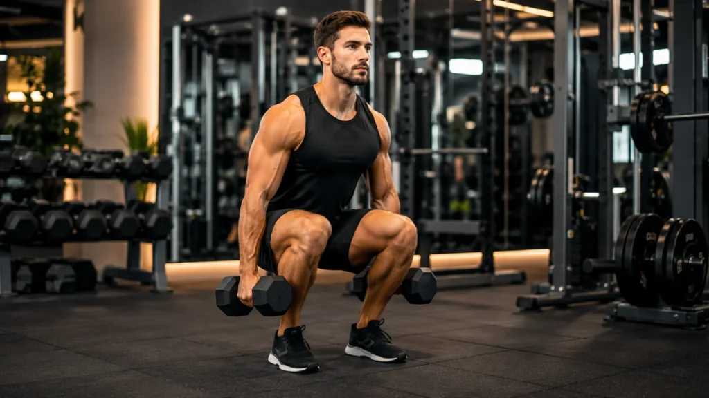 Homme réalisant un squat avec haltères dans une salle de musculation avec une technique correcte.
