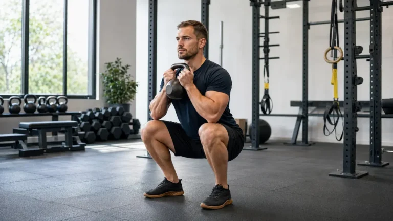 squat kettlebell avec un sportif réalisant un goblet squat en salle de sport