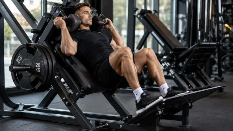 Sportif réalisant un exercice sur une squat machine dans une salle de musculation moderne.