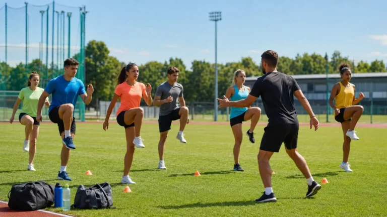 Groupe de sportifs suivant un stage en sport avec un coach sur un terrain d’entraînement en plein air.