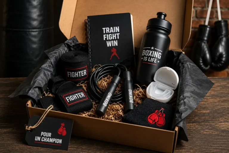 Coffret cadeau sur le thème de la boxe contenant bandes de boxe, corde à sauter, protège-dents, gourde sportive et accessoires d’entraînement pour passionné de sports de combat.