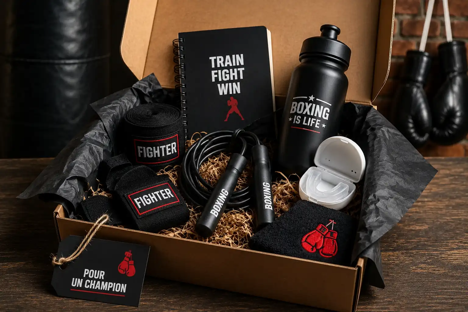 Coffret cadeau sur le thème de la boxe contenant bandes de boxe, corde à sauter, protège-dents, gourde sportive et accessoires d’entraînement pour passionné de sports de combat.
