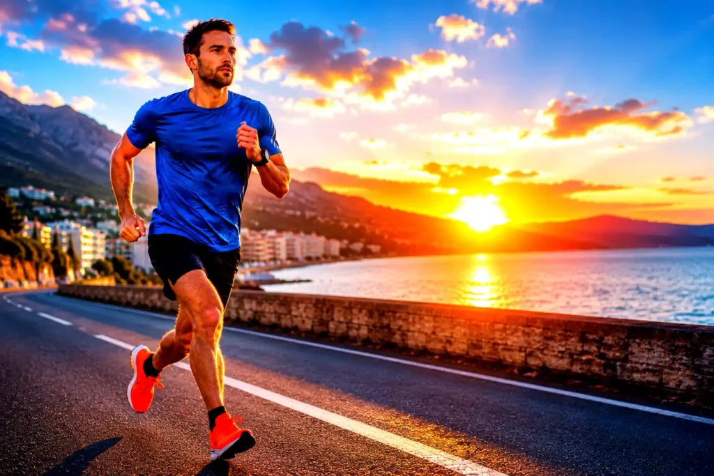 coureur réalisant un entraînement de semi marathon sur une route en bord de mer au lever du soleil