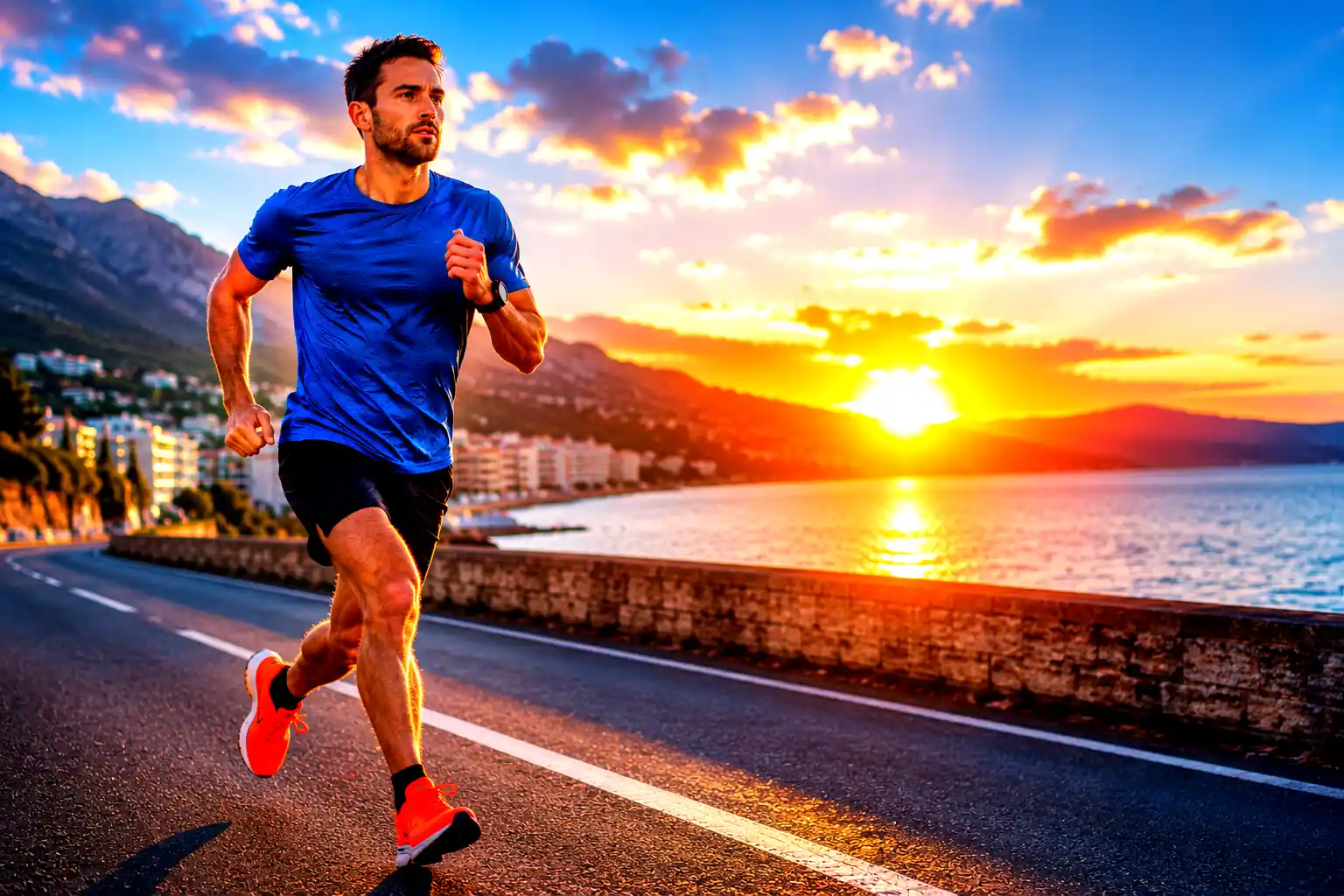 coureur réalisant un entraînement de semi marathon sur une route en bord de mer au lever du soleil