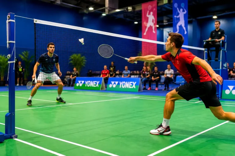 joueurs de badminton échangeant un volant au-dessus d’un filet sur un terrain indoor