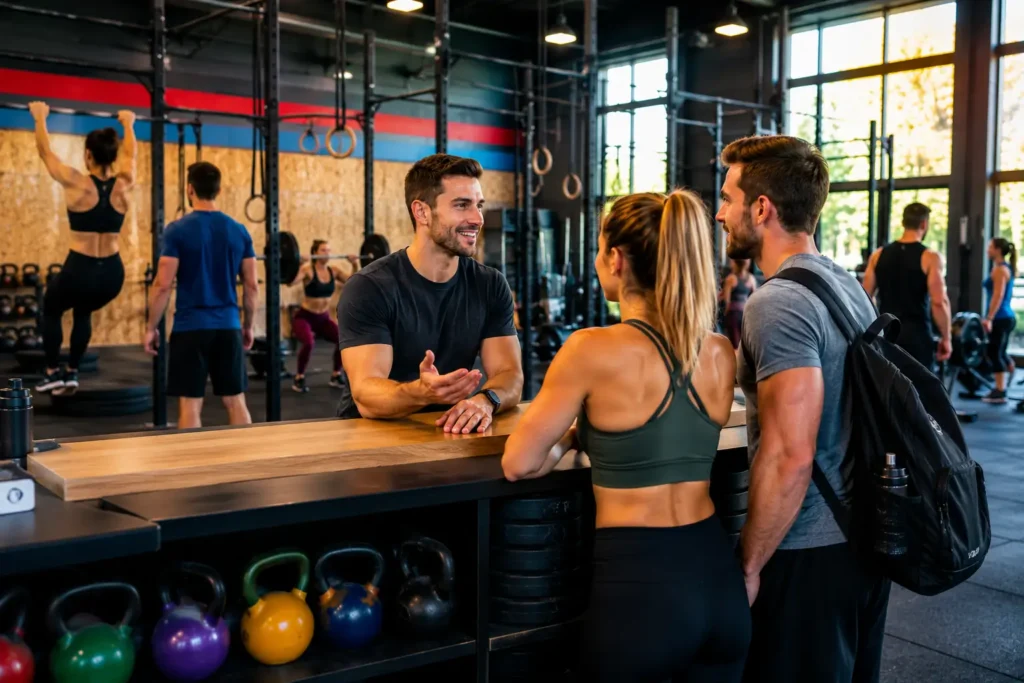 Visiteurs échangeant avec un coach dans une salle de CrossFit moderne avant de choisir une formule d’abonnement