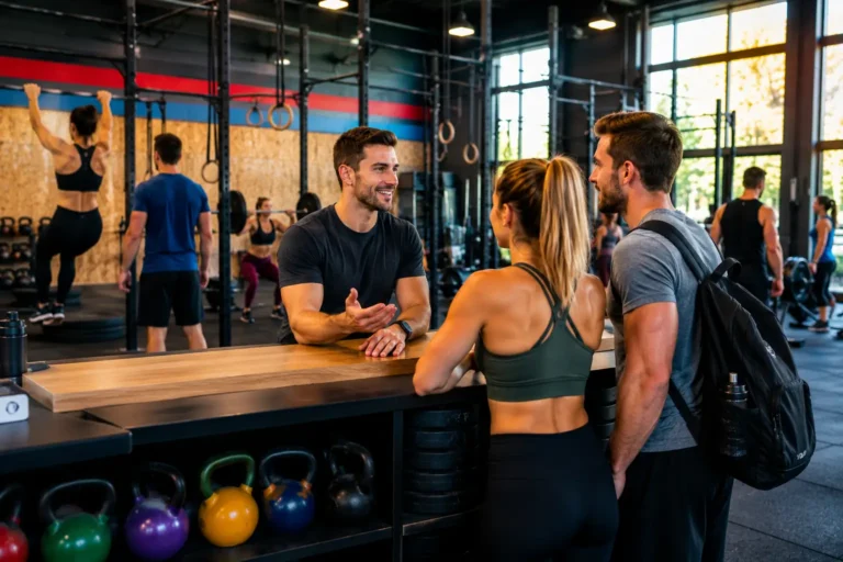 Visiteurs échangeant avec un coach dans une salle de CrossFit moderne avant de choisir une formule d’abonnement