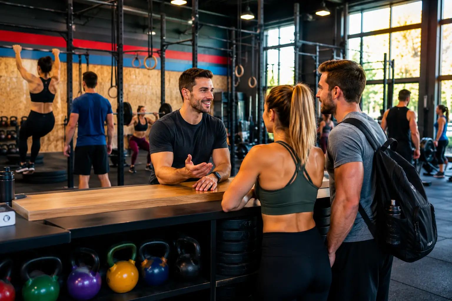 Visiteurs échangeant avec un coach dans une salle de CrossFit moderne avant de choisir une formule d’abonnement