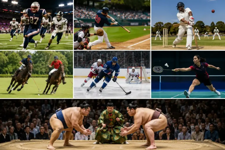 Montage illustrant plusieurs sports populaires dans le monde mais peu pratiqués en France comme le football américain, le baseball, le cricket, le polo, le hockey sur glace, le badminton et le sumo