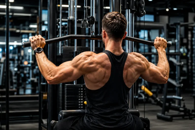 Athlète réalisant un tirage vertical en salle de sport pour illustrer le travail des dorsaux