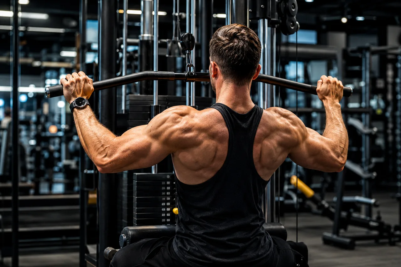 Athlète réalisant un tirage vertical en salle de sport pour illustrer le travail des dorsaux