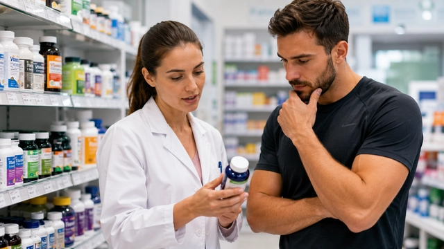 Pharmacienne conseillant un sportif sur le choix de vitamines pour sportif en pharmacie