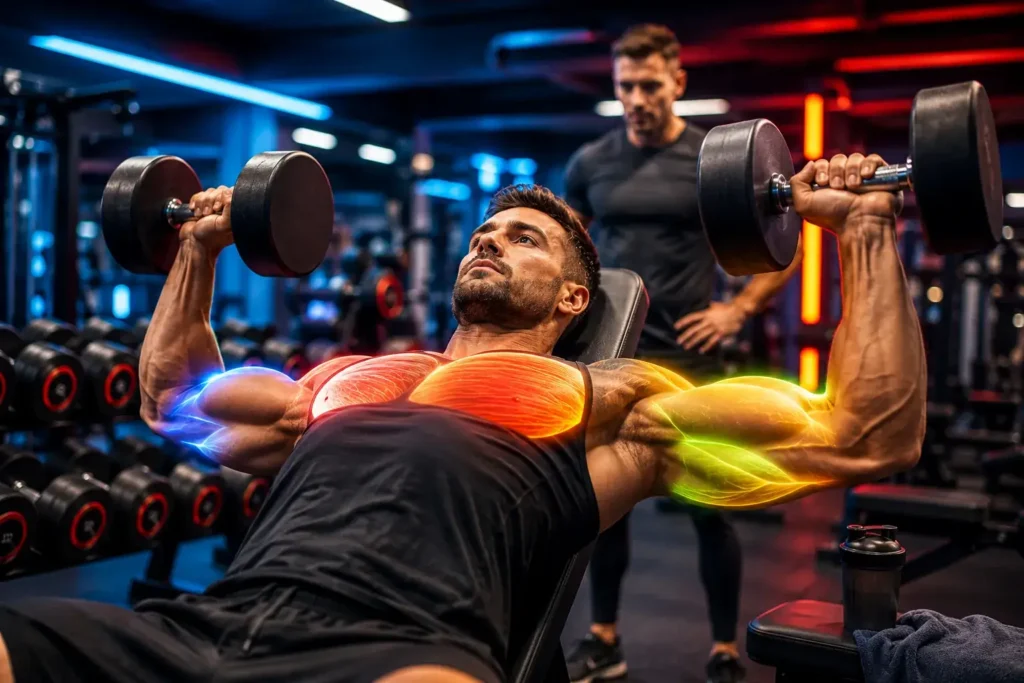 Sportif réalisant un développé couché avec haltères en salle de musculation, illustrant le volume d’entraînement et le nombre de séries par groupe musculaire pour l’hypertrophie.