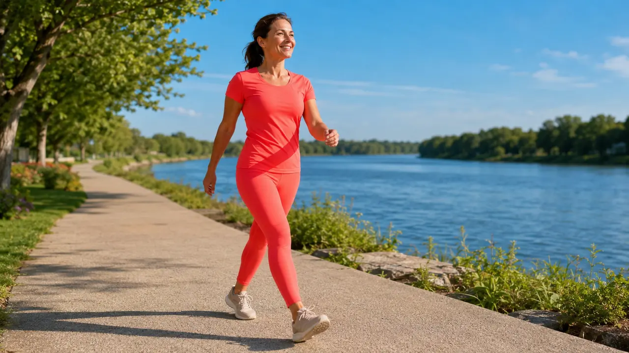 Femme adulte marchant au bord de l’eau pour illustrer la distance de 10 000 pas en km