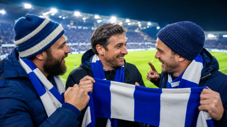 Supporters en bleu et blanc dans un stade de football pour illustrer le forum AJA 1905