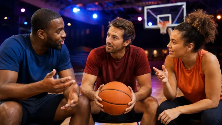 Passionnés de basketball échangeant autour d’un ballon pour illustrer Basketinforum