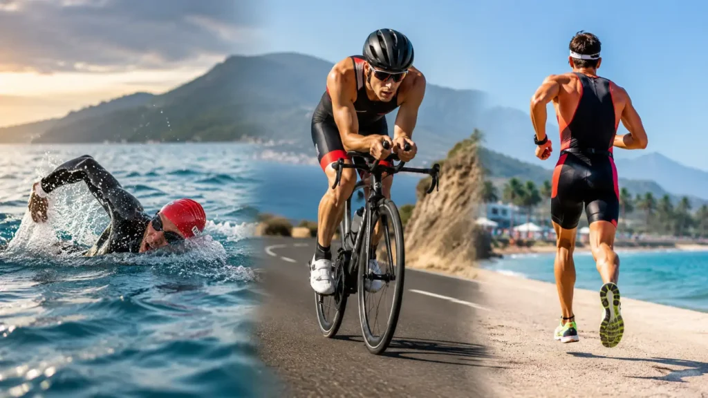 Distance Ironman illustrée par un triathlète enchaînant natation, vélo et course à pied
