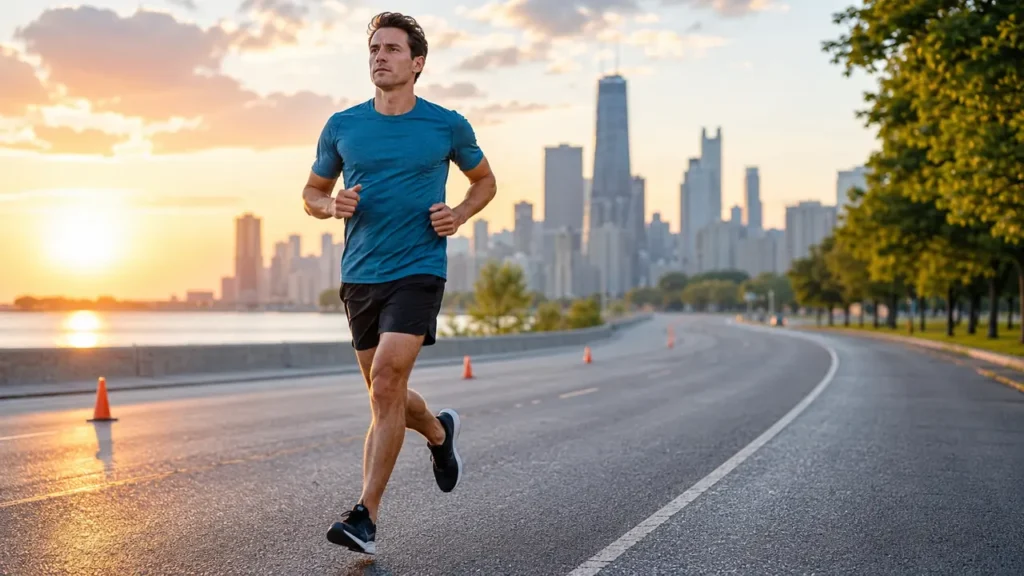 Coureur adulte parcourant la distance d’un semi-marathon sur une longue route urbaine