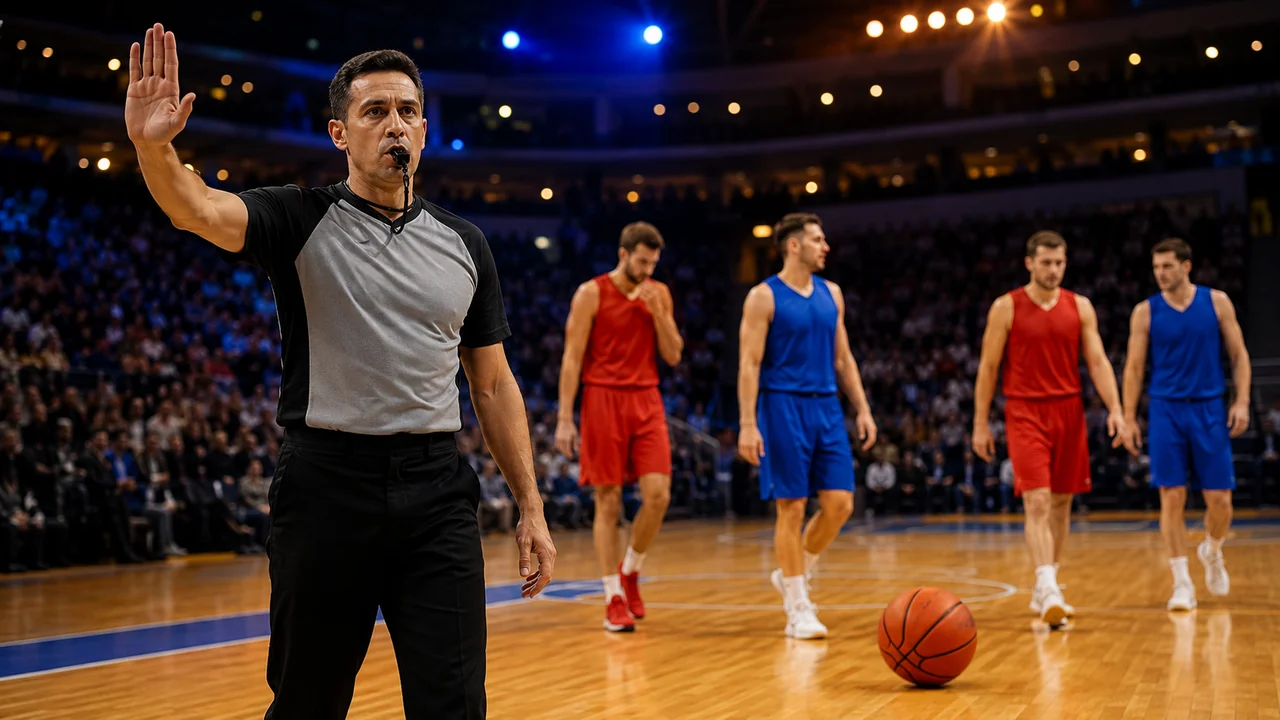 Arbitre sifflant un arrêt de jeu pour illustrer la durée d’un match de basket