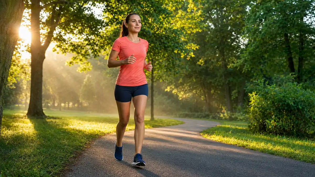 Coureuse adulte pratiquant l’endurance fondamentale à allure facile dans un parc