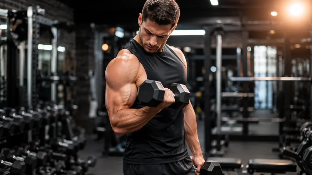 Exercice biceps avec un homme réalisant un curl avec haltère dans une salle de musculation