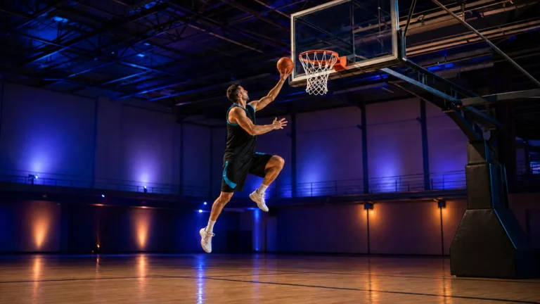Joueur adulte effectuant un lay-up sous un panier illustrant la hauteur réglementaire au basket