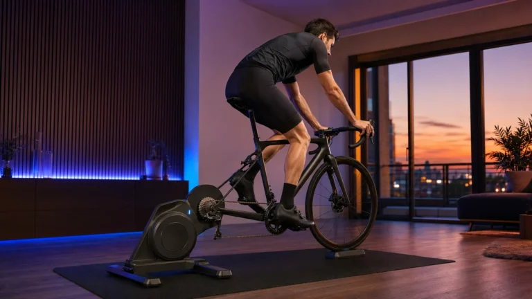 Cycliste adulte s’entraînant sur un home trainer connecté direct drive dans son appartement