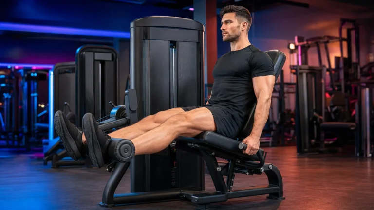 Homme réalisant un leg extension sur une machine pour renforcer les quadriceps