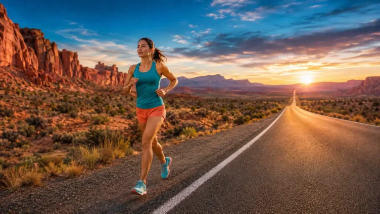 Coureuse adulte sur une longue route illustrant la conversion des miles en km
