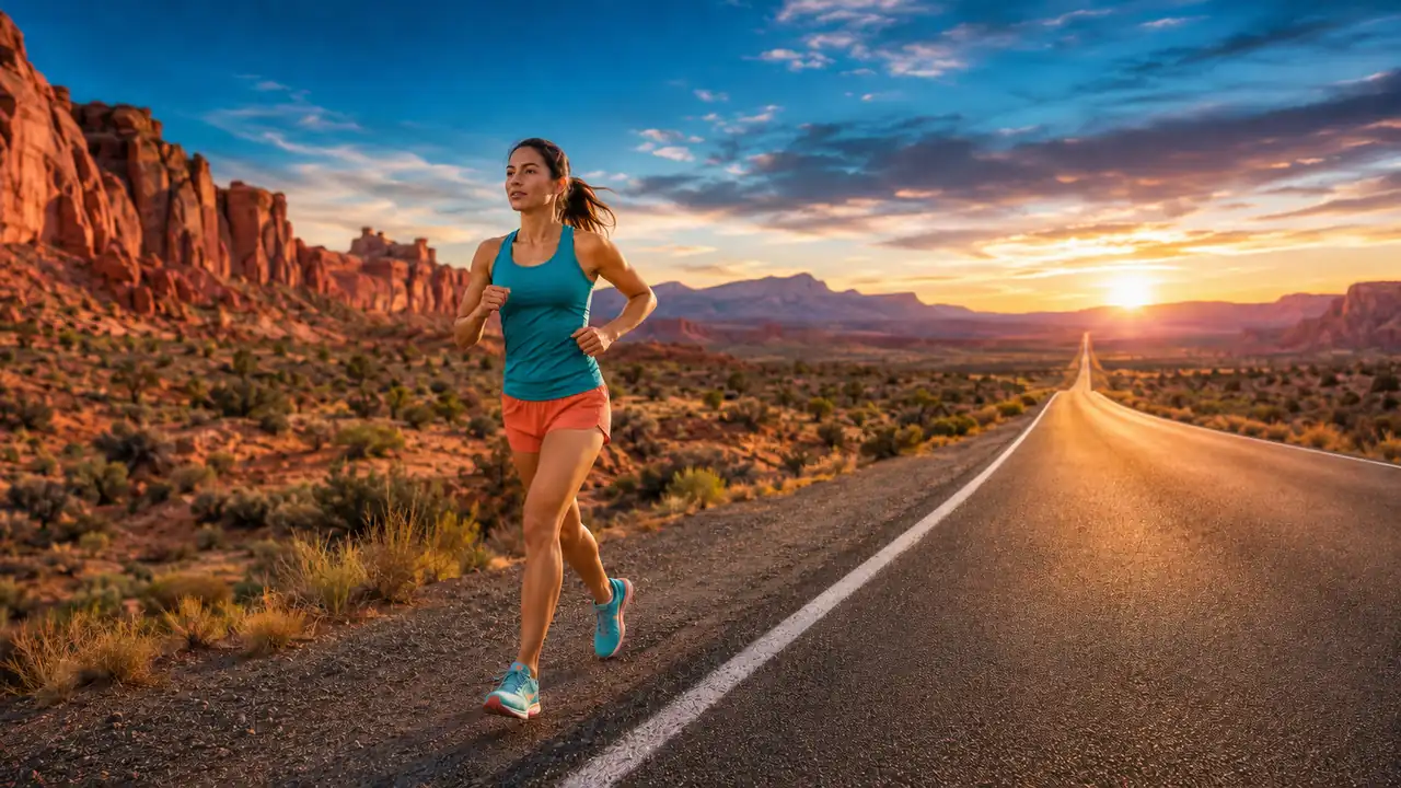 Coureuse adulte sur une longue route illustrant la conversion des miles en km