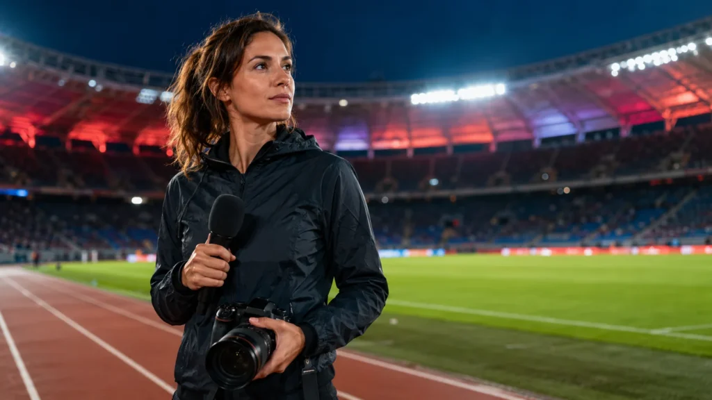 Journaliste sportive avec microphone et appareil photo dans un stade pour illustrer Noomba Sport