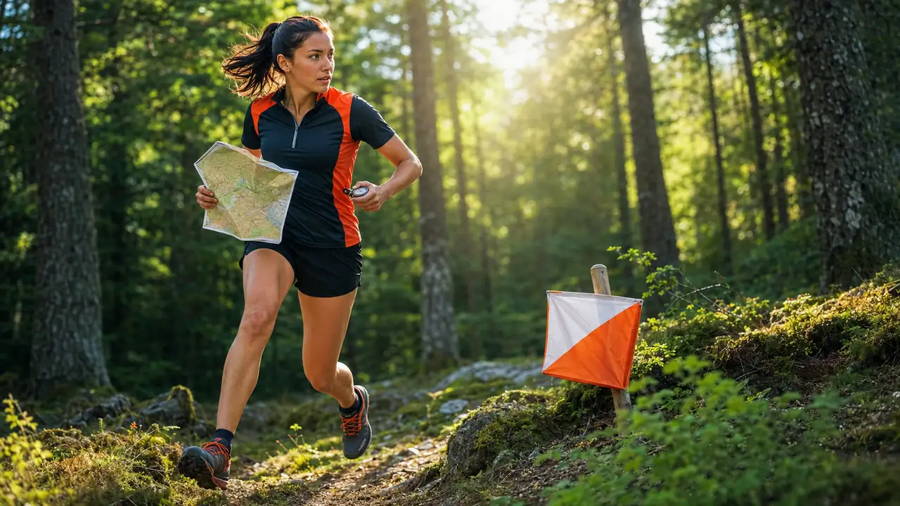 Sport en O illustré par une adulte pratiquant la course d’orientation en forêt