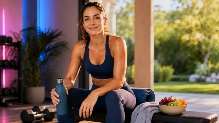 Sportive en récupération avec matériel d’entraînement, eau et fruits pour illustrer Sportrip