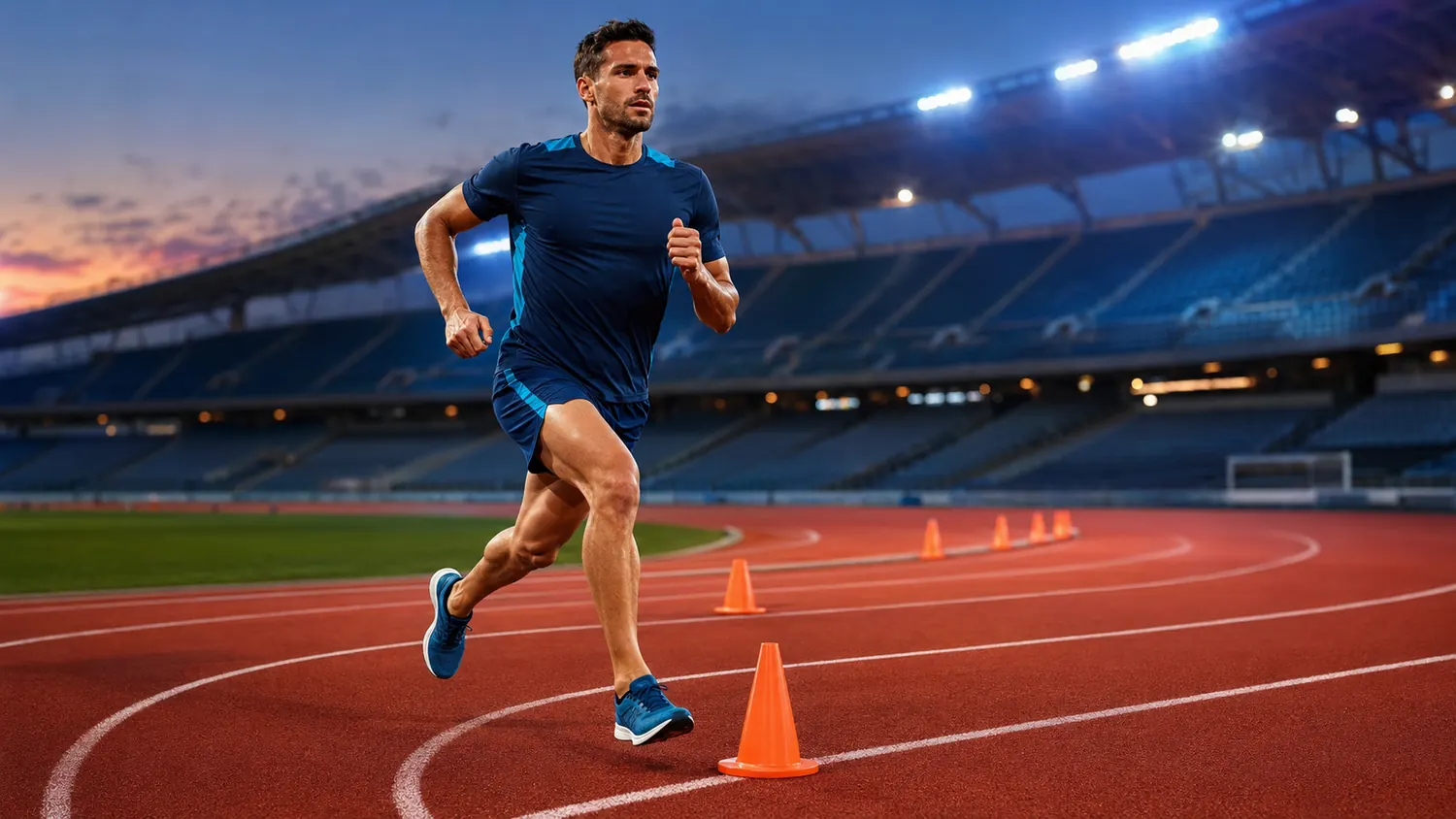 Coureur adulte réalisant un test VMA entre des plots sur une piste d’athlétisme