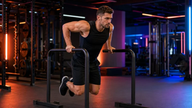 Athlète réalisant des dips sur des barres parallèles dans une salle de musculation